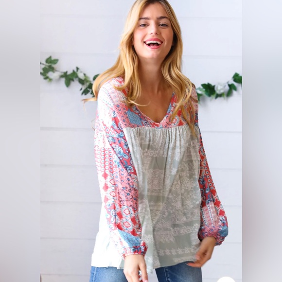 Haptics by Holly Harper Tops - MARSALA & SAGE BOHO ETHNIC COLOR BLOCK BUBBLE SLEEVE TOP